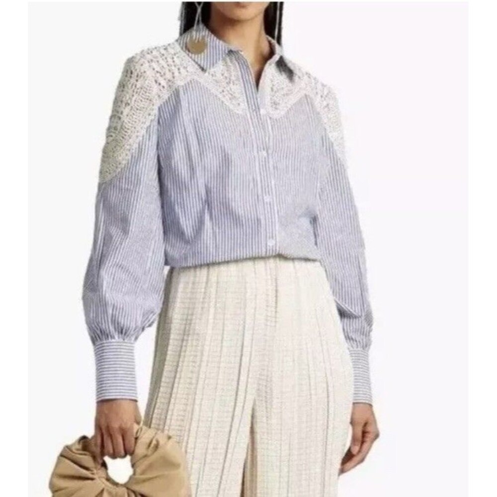 Veronica Beard Sachse Stripe Crochet Accent Cotton Blouse Sz 8 Blue White Lace